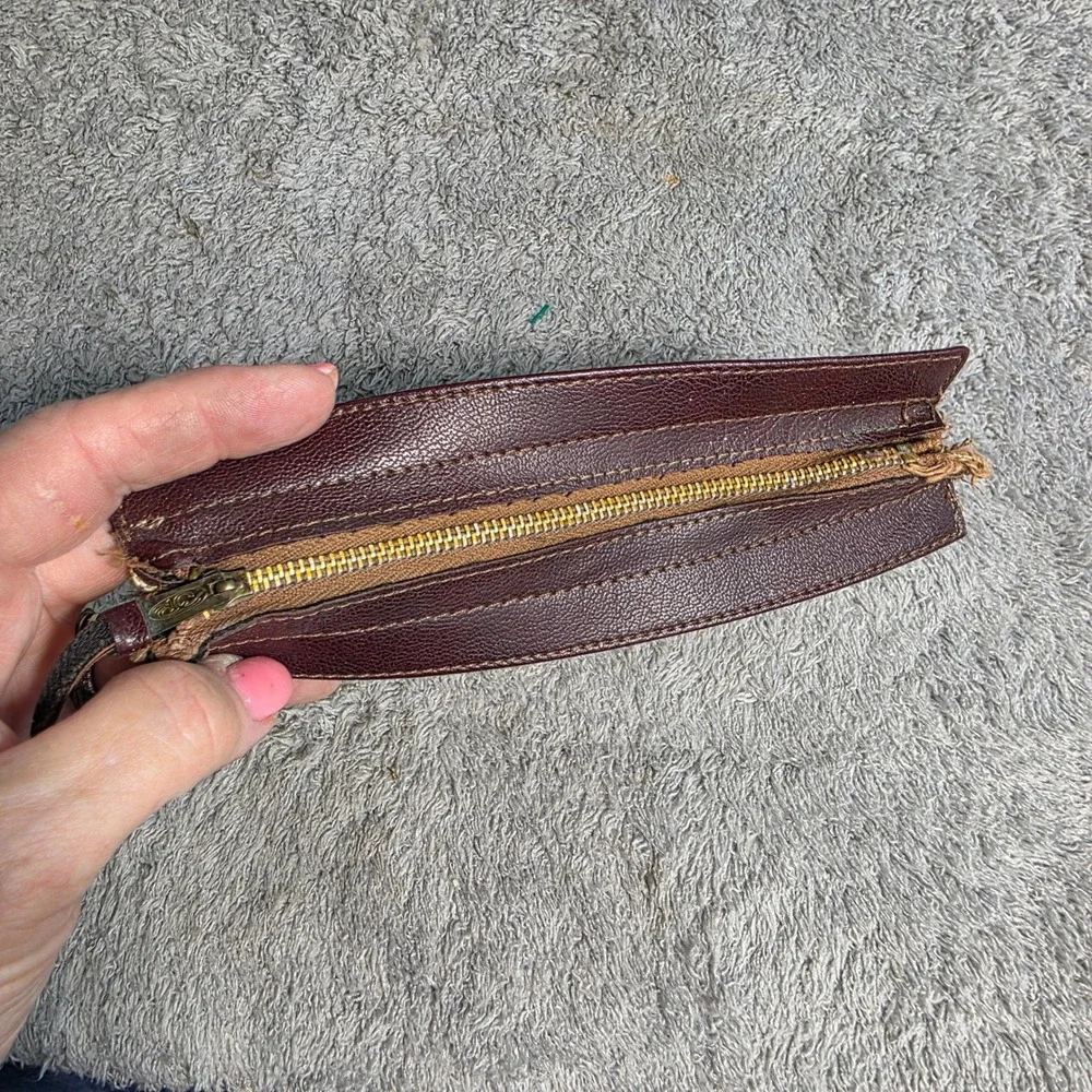 VINTAGE Oscar de la Renta‎ Cosmetic Pouch Beige Burgundy Canvas Zip Bag Small